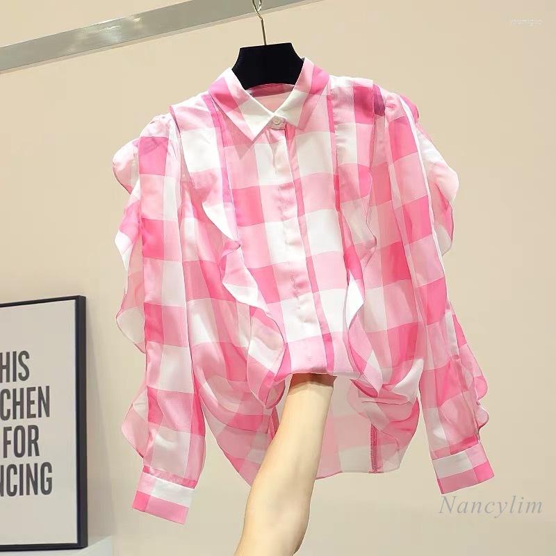 

Women' Blouses Plaid Chiffon Shirt For Women 2022 Spring Summer Korean Style Loose Lotus Leaf Top Ladies Students Blusas, Pink