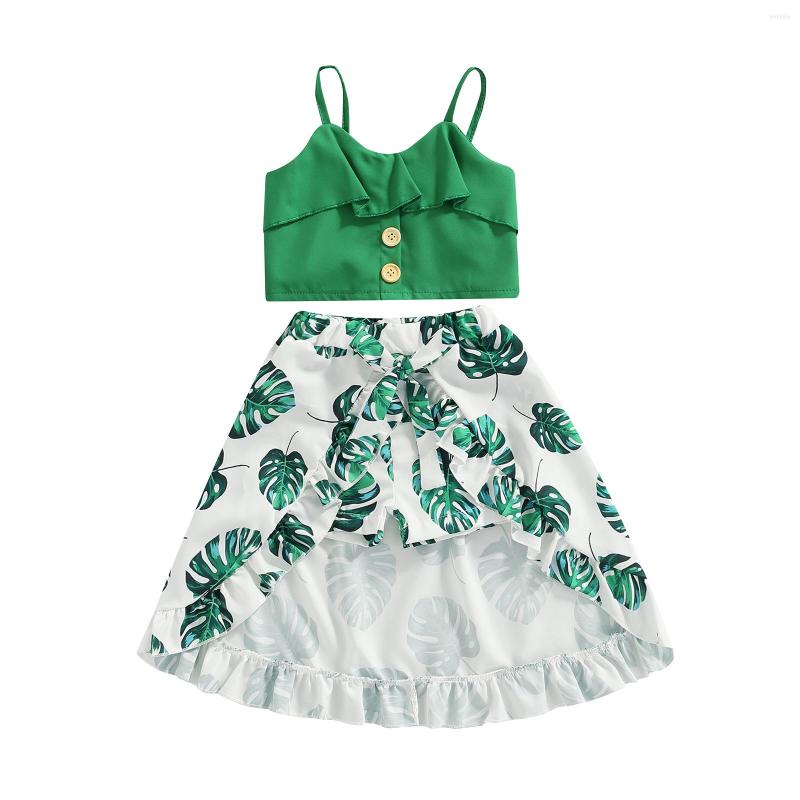 

Clothing Sets Infant Kids Baby Girls Two Pieces Clothes Outfit Spaghetti Strap Ruffle Camisole Tops Vest Leaves Printed Slit Skort 0-5T, Picture shown