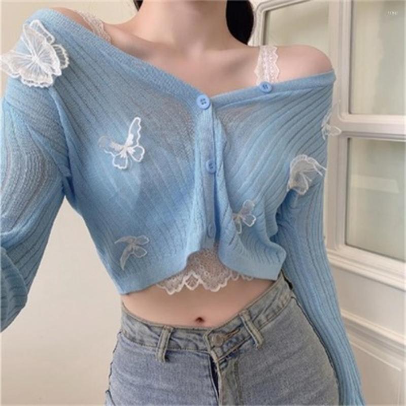 

Women's Knits 2022 Butterfly Knit Cardigans Women Korean Sexy V-Neck Fitness Crop Tops Ladies Summer Thin Long Sleeved Sunscreen Jackets, Black