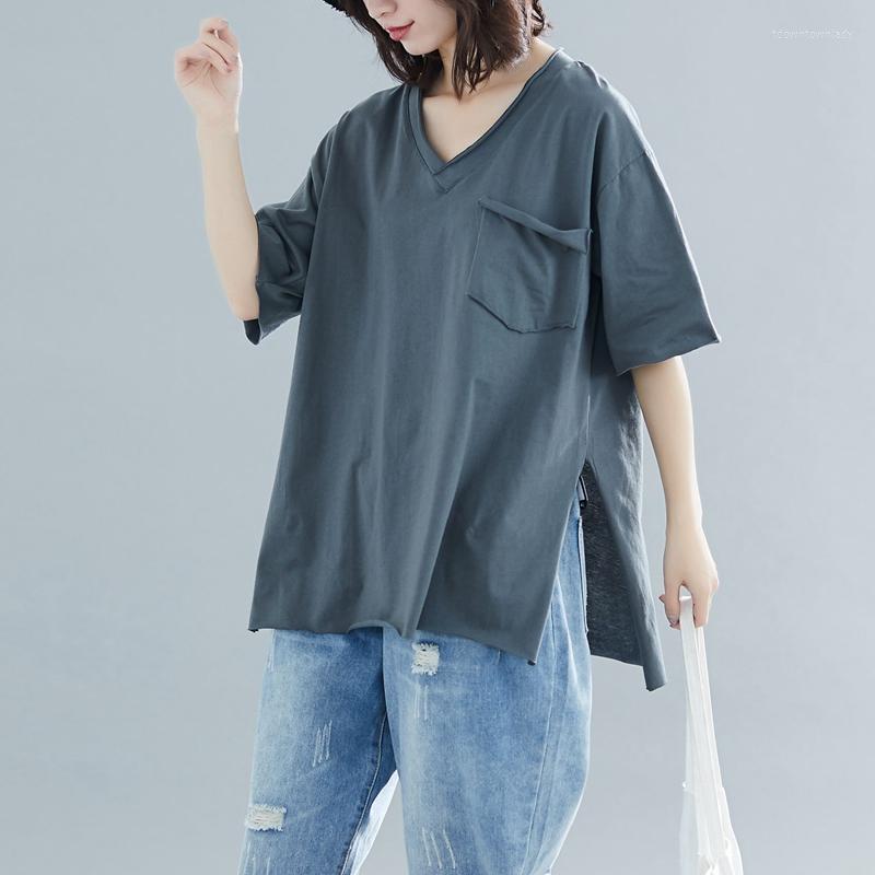 

Women's T Shirts Cotton Oversized Women T-shirts 2022 Summer V-neck Pocket Loose Slim Casual All Match Female Pulls Outwear Tops Tees, White