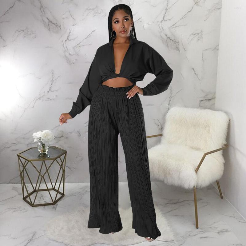 

Women' Two Piece Pants Wholesale Items Fall Clothes For Women Solid Color Long Sleeve Shirts Tops Wide Leg Elegants Streetwear, Black