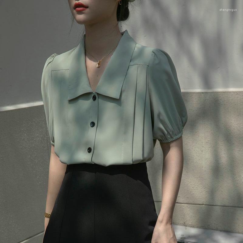 

Women' Blouses Make French Hubble-bubble Sleeve Shirt Female Temperament Summer Design Feeling Small Plait Tuck Shirts, Green