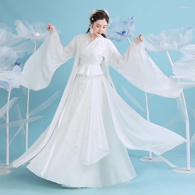 

Stage Wear Women Hanfu Dress White Elegant Long Sleeve Fairy Costume Performance Clothes Tang Suit Cosplay SL4373, Picture shown
