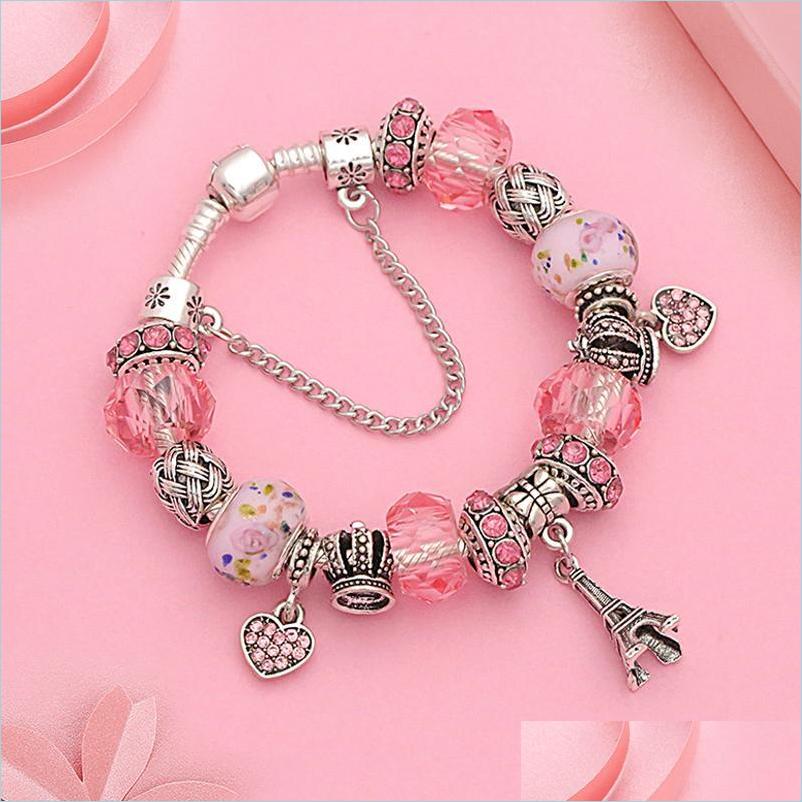 

Charm Bracelets Charm Bracelets Romantic Pink Crystal Heart Bracelet For Women Girl Gift Sier Color Crown Bead Diy Paris Tower Jewel Dhwq1