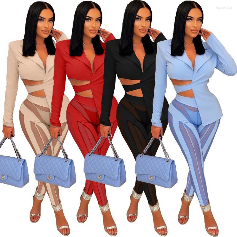 

Women's Two Piece Pants Women Solid Blazer Suit 2 Sets Notched Long Sleeve Lace Up Bandage Asymmetrical Top Sheer Mesh Patchwork Shorts, Blue
