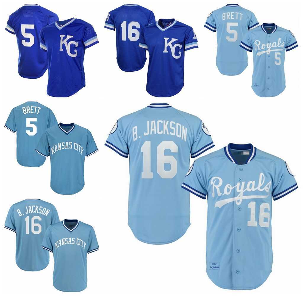 

Vintage 16 Bo Jackson 5 George Brett Baseball Jerseys 1986 1987 Blue White Mesh Pullover Button Home Away All Stitched and Embroidery, Blue 16b