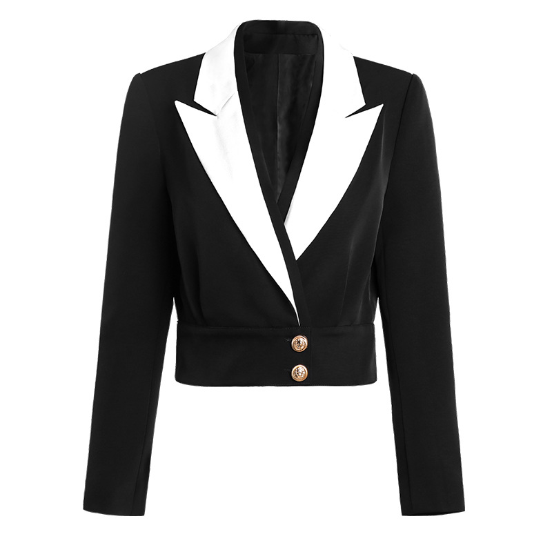 

High-quality lion button black stitching white short blazer, 200149