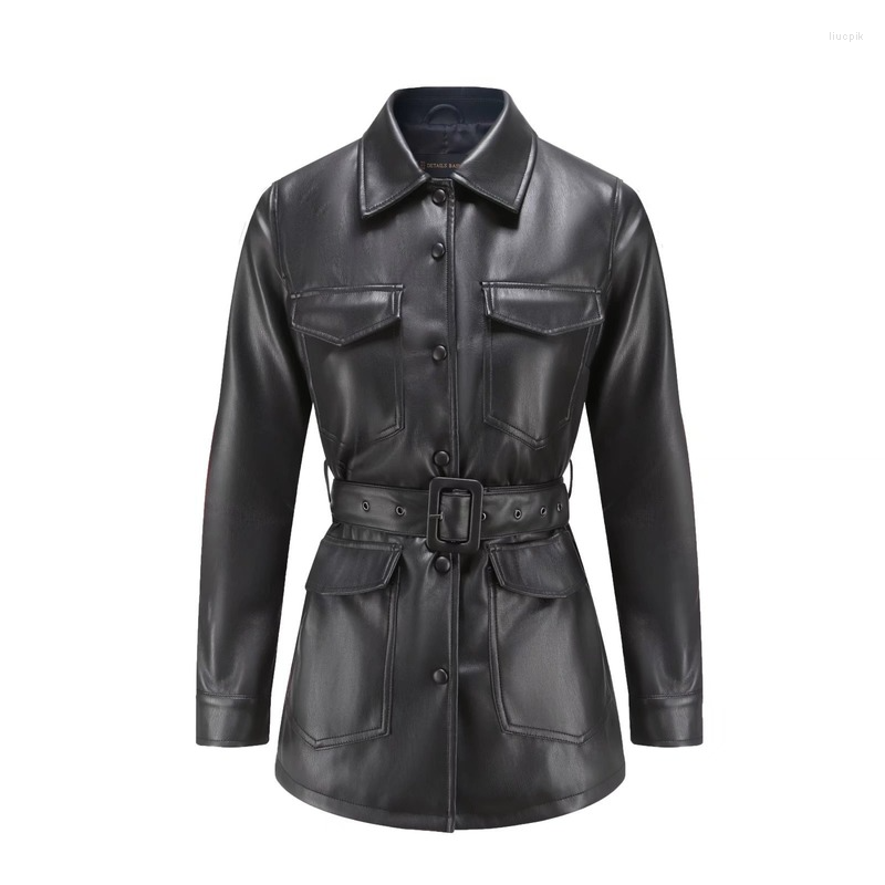 

Women's Leather 2022 Autumn High-quality PU Jacket Black Strapping Lapel Faux Sheepskin Mid-length Temperament Trend Women's Coat