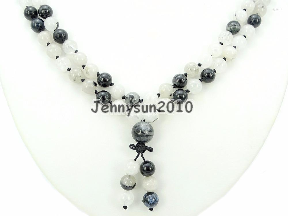 

Strand Natural Tourmaline Qua-rtz 8mm Gems Stone Buddhist 108 Beads Prayer Mala Knot Necklace Multi-Purpose 5Strands/Pack