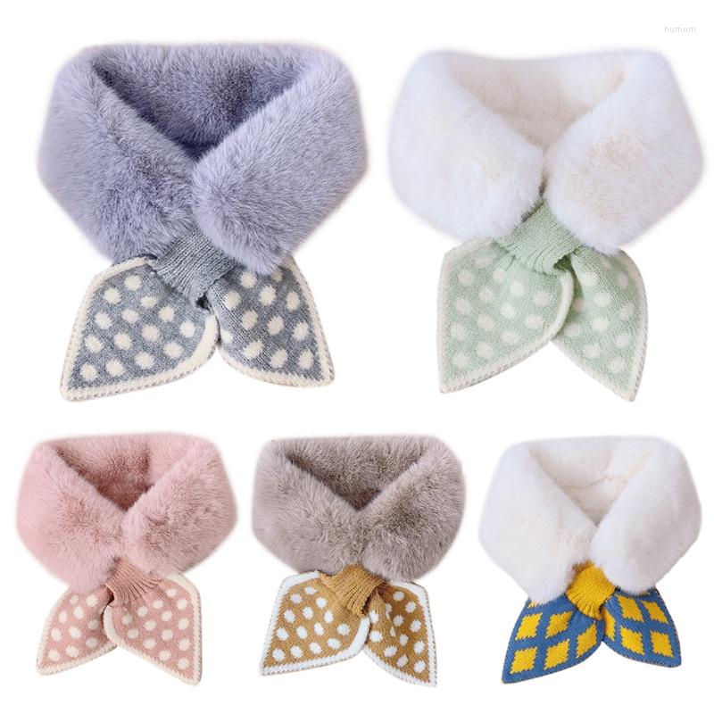 

Berets Winter Warm False Collar Kids Scarf Faux Fur Wool Polka Dot Bow Tie Diamond Grid Neckerchief Scarfs, Dot beige