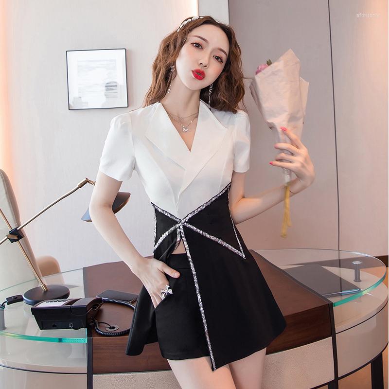 

Women' Tracksuits Vintage Short Sleeve Tops Casual Women OL Black Straight Shorts White Splice Turn-down Collar Shirt Blouse 2 Pieces Set