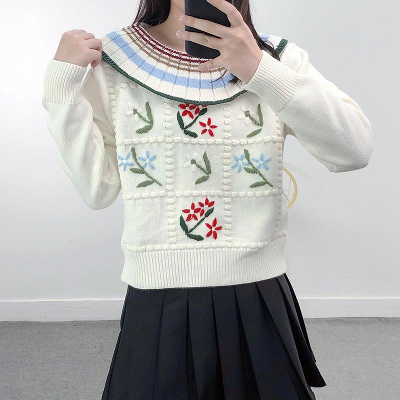 

Women' Sweaters White Fashion Sweater Cute Lotus Leaf Lapel Embroidered Flowers Knitted 2022 Autumn Winter Women Sweet Pullover