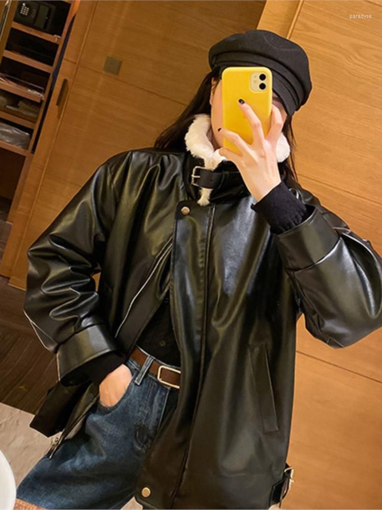 

Women' Leather Warm Jacket Women 2022 Winter Imitation PU Plus Velvet Lamb Wool Lining, Black