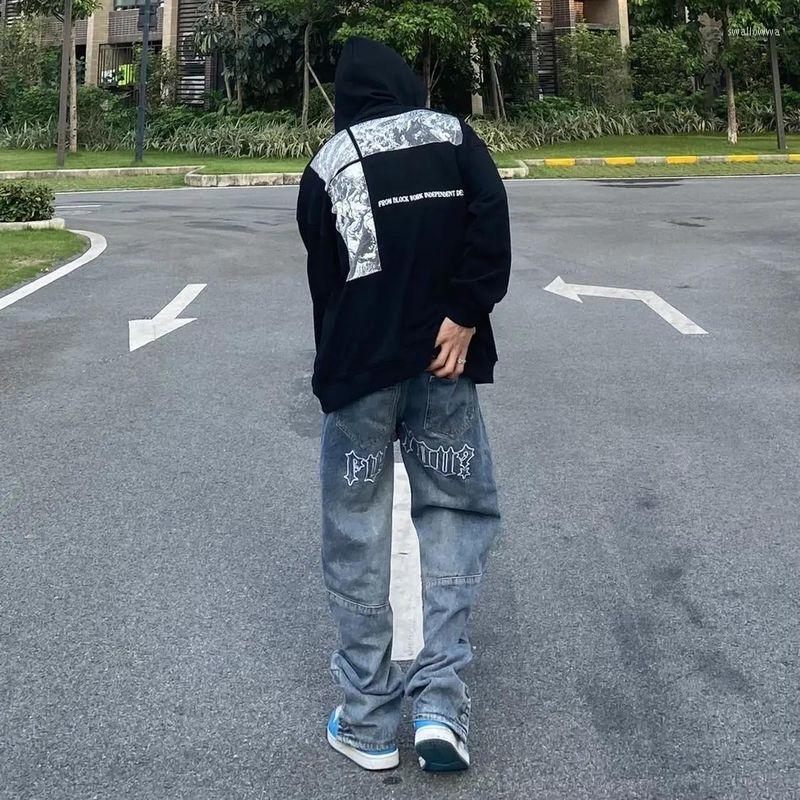 

Men' Pants High Street Jeans Men Embroidered Straight Trousers Spring American Vintage Button Hiphop Style Wide-leg Casual Trend, Blue
