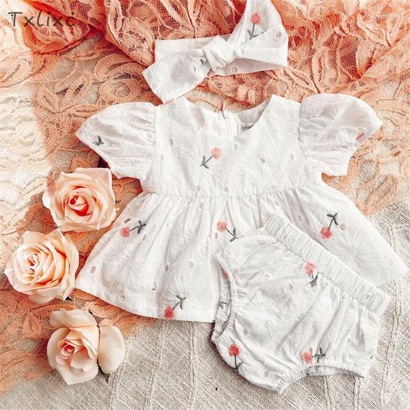 

Clothing Sets Txlixc Infant Baby Girls Clothes Short Sleeve Dress Briefs Bow Headband Outfits Flower Embroidery Summer, Picture shown
