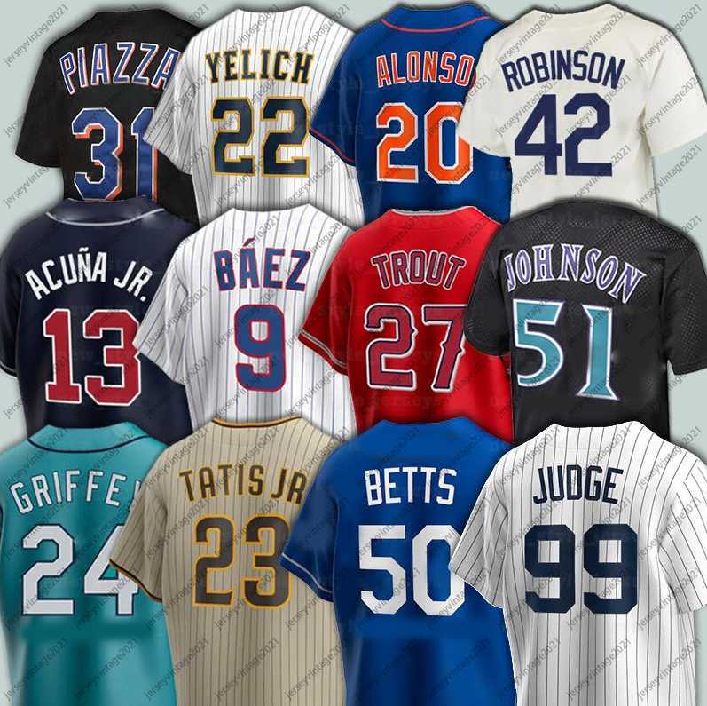 

22 Clayton Kershaw 99 Aaron Judge Baseball Jerseys Ronald Acuna Jr. Javier Baez Mike Trout 51 Randy Johnson Mike Piazza 27 Vladimir Guerrero, Men15