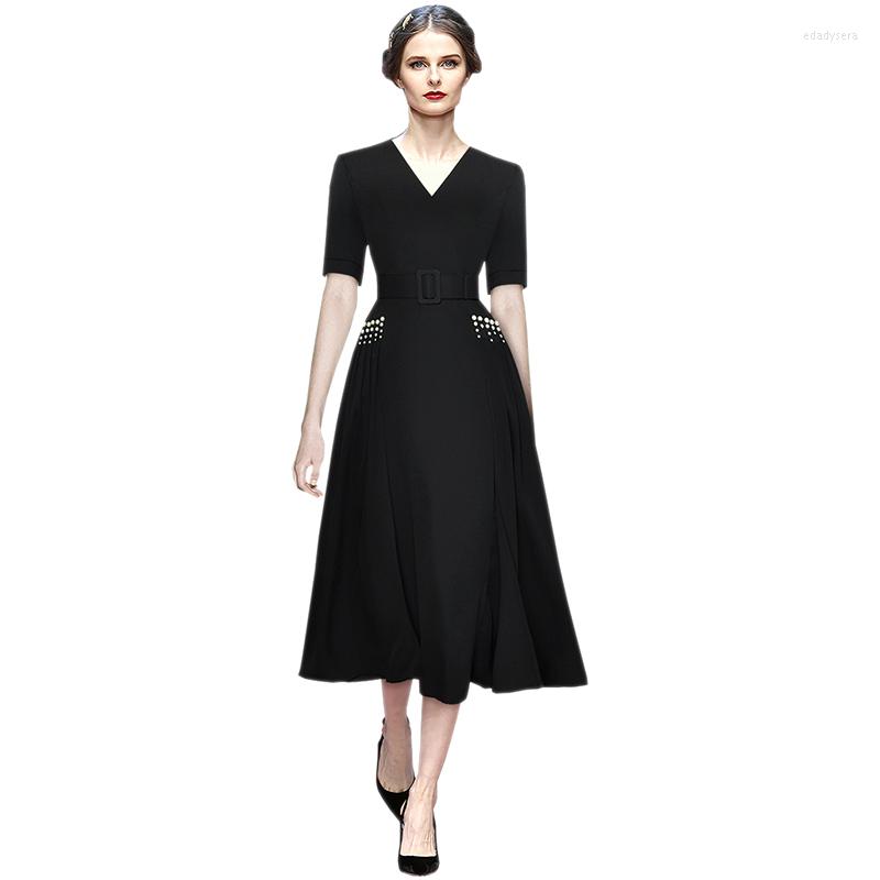 

Work Dresses Temperament Women Streetwear V-Neck Short Sleeve Slim Waist Nail Bead Office Ladies Formal Summer Belt Elegant Midi Skirt, Black