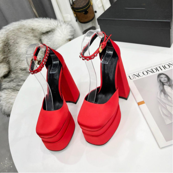 

AEVITAS Sandals Waterproof Platform High Heel Pumps Personalized Rhinestone Satin Catwalk Thick Heel Silk Ankle Strap Decorated real leather, #5