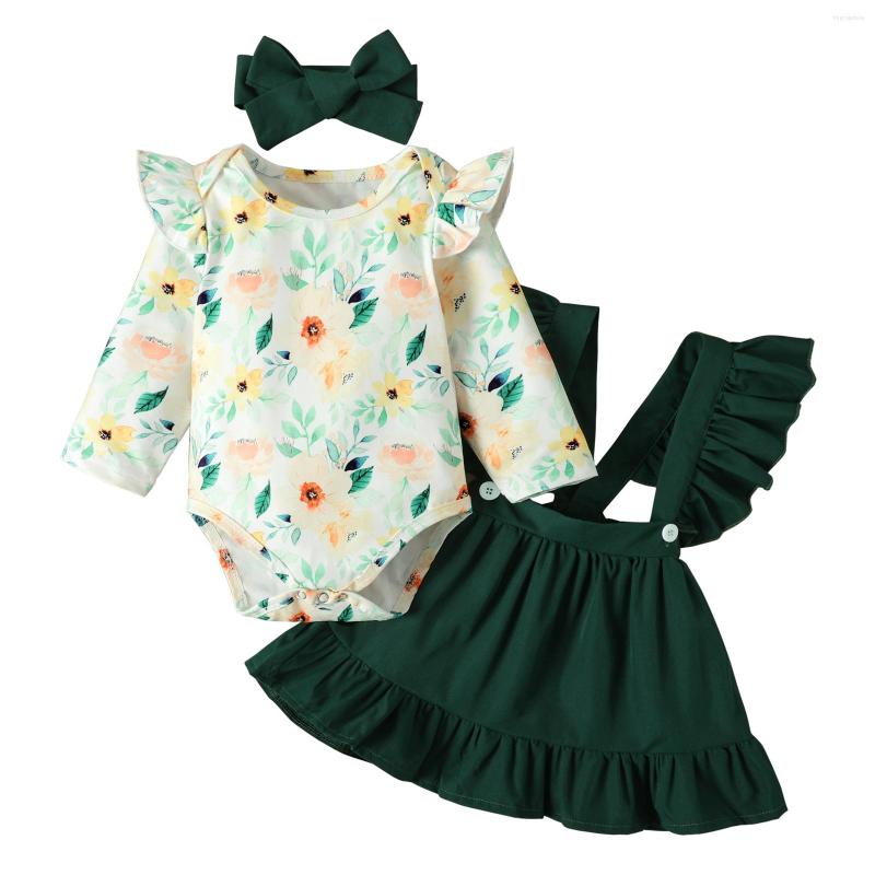 

Clothing Sets Infant Baby Girls 3 Pieces Outfits Leaves Floral Print Long Sleeve Romper Solid Color Ruffles Strap Skirt Headband Set, Picture shown