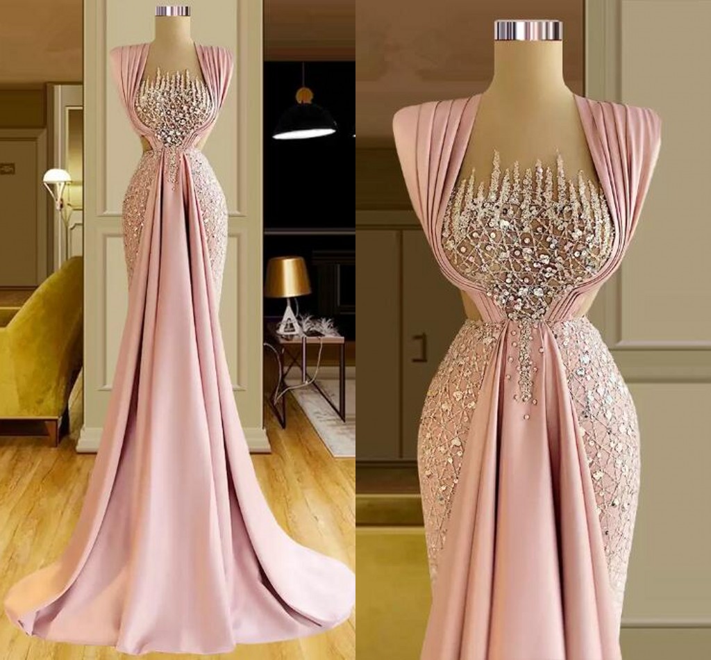 

Pink Mermaid Prom Dresses Sequined Sleeveless Custom Made Ruffles Floor Length Sheer Neck Aso Ebi Arabic Evening Engagement Gown, Ivory