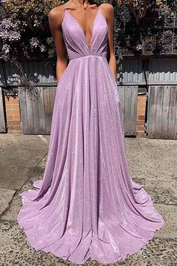 

Party Dresses A-Line V-Neck Sparkle Lilac Prom Criss Cross Back Long Formal Dress With Pocket, Burgundy