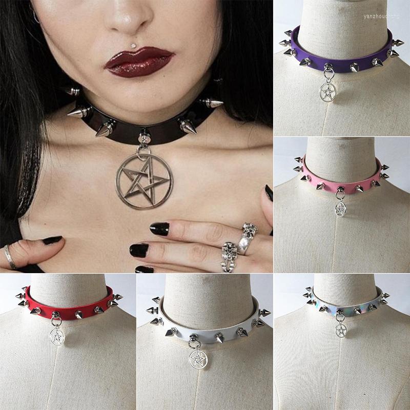 

Choker 1PC Women Pentagram Star Leather Punk Supernatur Spike Rivet Collar Studded Necklace Girls Gothic Jewelry