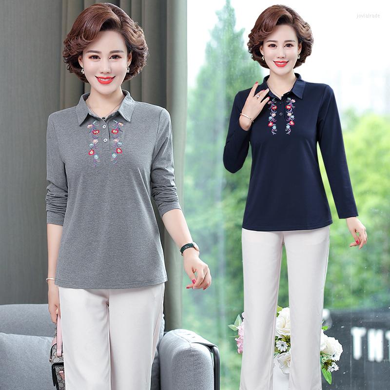 

Women's Blouses 2022 Women's Long Sleeve Polos Shirts Solid Color Floral Embroidery Woman Casual Lapel Cotton Slim Tops High Quality 5XL, Gray