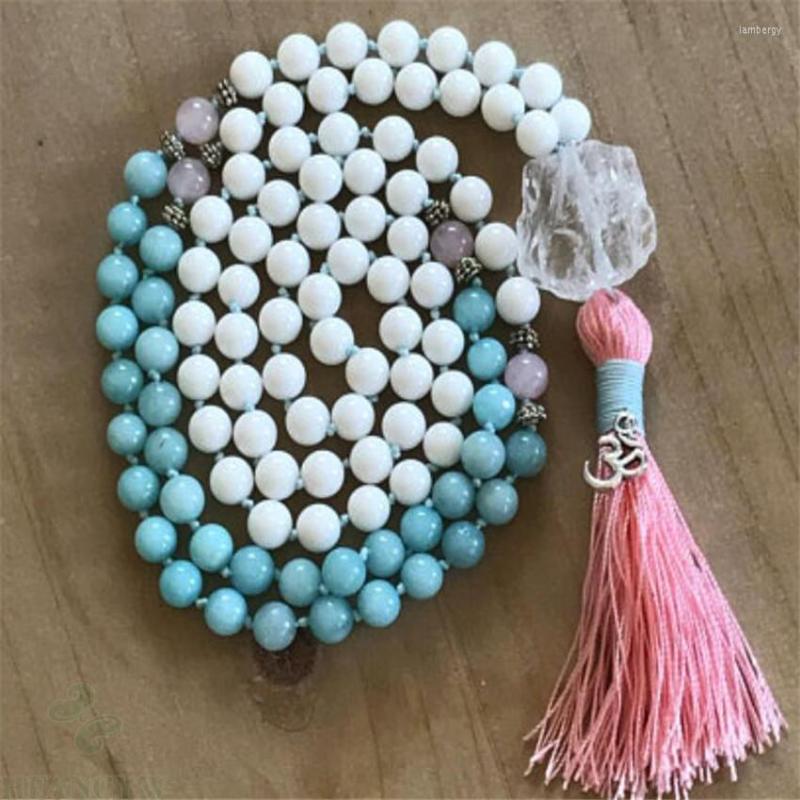 

Chains 8mm Tridacna Aquamarine Mala Necklace 108 Beads Tassel Pray Natural Wrist Chakas Bless Unisex Yoga Sutra Meditation Energy Cuff