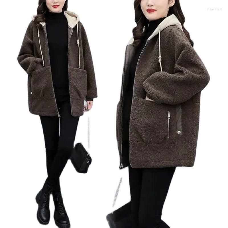

Women's Fur Fleece Imitate Lamb Wool Coat Female Autumn Winter 2022 Korean Version Loose Fashion Age Reduction In One Tide M221, Black plus velvet