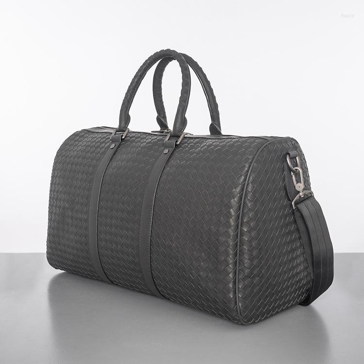 

Duffel Bags Men Luxury Weave Genuine Leather Travel Large Capacity Portable Male Shoulder Bag Brand Real Vintage Duffle, Black