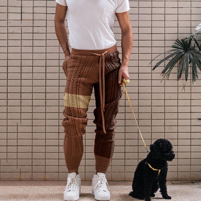 

Men' Pants Men' Knitted Autumn Winter Color Matching Acrylic Trousers Casual Men Warm Drawstring, Khaki