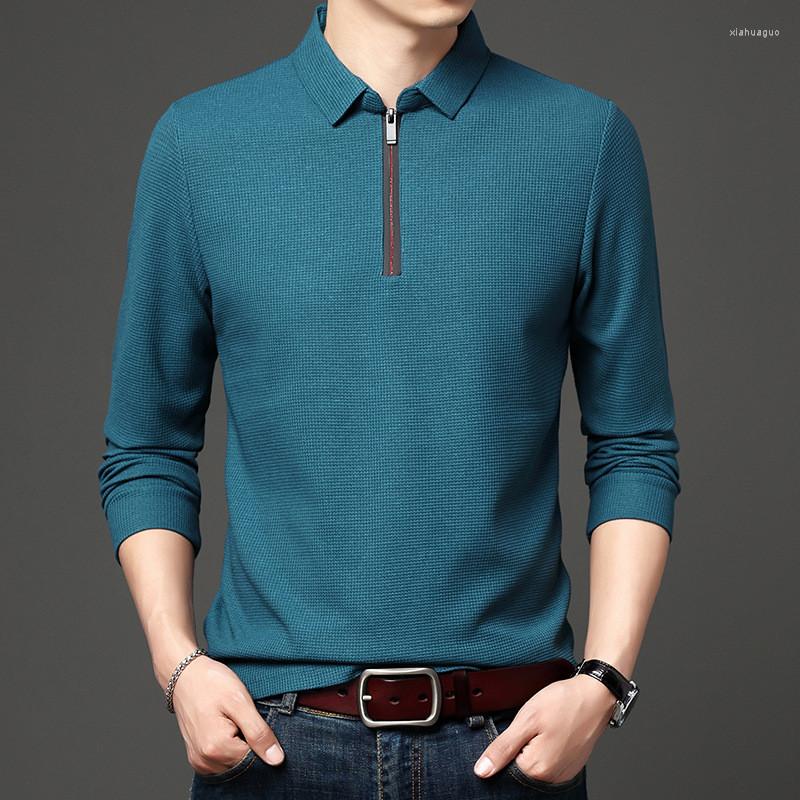 

Men's Polos 2022 Zipper Collar Polo Shirt For Men Long Sleeve Autumn Solid T Man Korean Style Loose Fit Clothing Tops, Blue