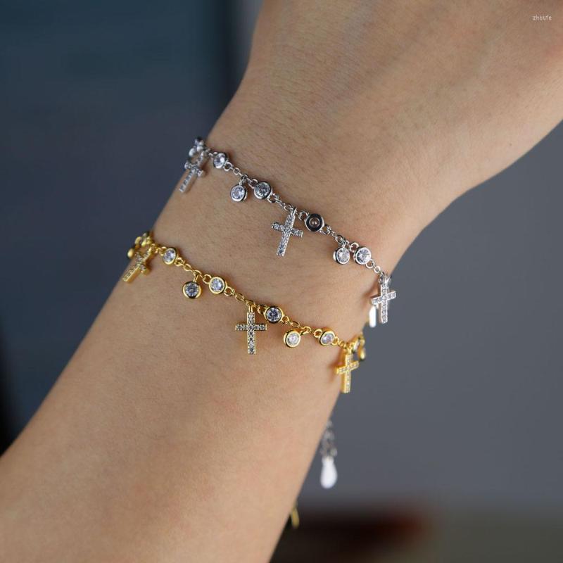 

Charm Bracelets Fashion Trendy Bracelet Jewelry Chic Cross Round Dangle Bangle Women Thin Chain Fixed CZ Zircon Summer's Wedding
