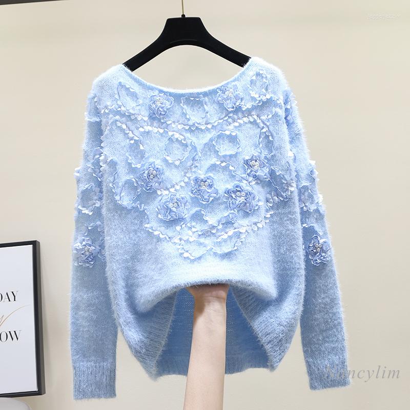 

Women's Sweaters Beaded Flower Sweater For Women 2022 Autumn And Winter Korean Style Three-Dimensional Petals Loose Mohair Knitwear Top, Pink