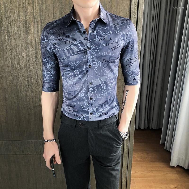 

Men's Casual Shirts Autumn British Style Luxury Social Business Men Digital Printed Slim Half-sleeve Lace Party Male Dress Shir, Beige