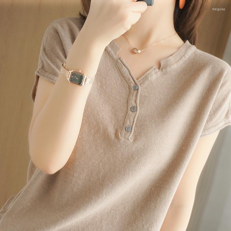 

Women' T Shirts Cotton Linen Knitted Solid Button Women T-Shirts Summer Vintage 2022 V-Neck Short-Sleeved Slim Female Outwear Tops, Beige