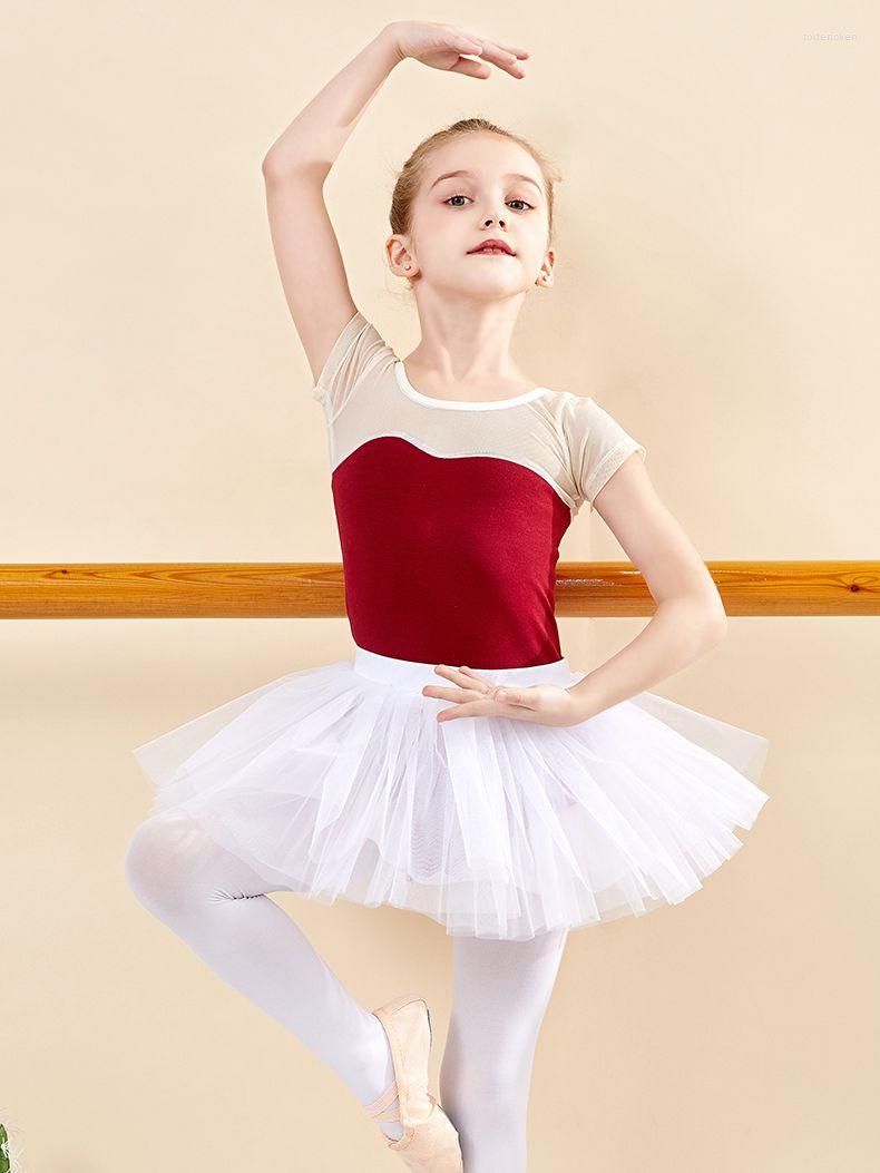 

Stage Wear Children Short-sleeved Ballet Leotard With Puff Tulle Skirt Dance Practice Bodysuit For Girls & Kids Performance Dress C22090, Blue
