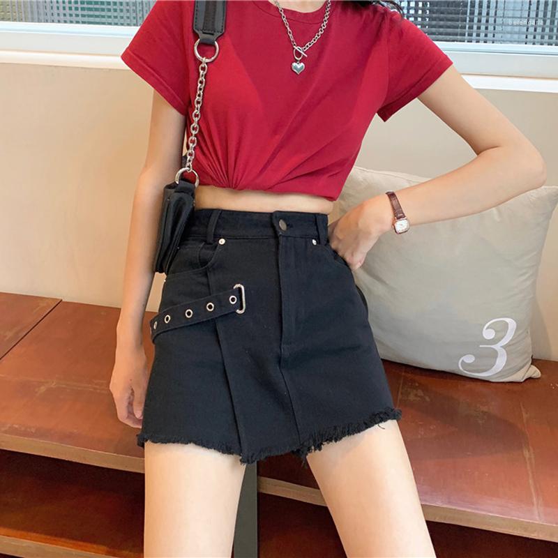 

Women's Shorts Women Summer High Waist Oversized Sexy Denim Skirts Chic Fashion Casual Buckle Patchwork Fray Streetwear, Black