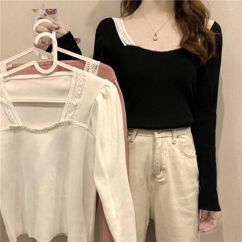 

Women' Sweaters Woman Chandails Contrast Color Lace Square Collar Top Beaded Short Shirt Spring Autumn Knitted Women, Black