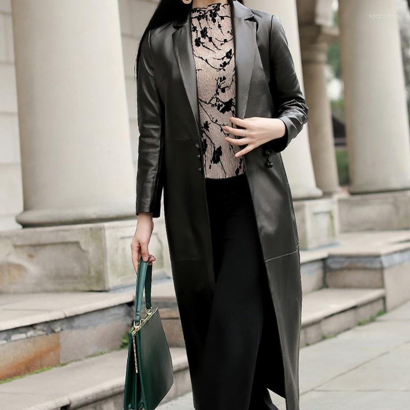 

Women' Leather Quality High Womens Genuine Vintage Long Jackets Pockets Office Lady Turn-Down Collar Fashion Sheepskin Slim Coat, Black