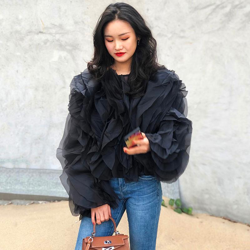 

Women' Blouses 2022 Spring Elegant Patchwork Ruffles Chiffon Women Luxury Fashion Lantern Long Sleeve Loose Shirt Female Clothing, Ivory