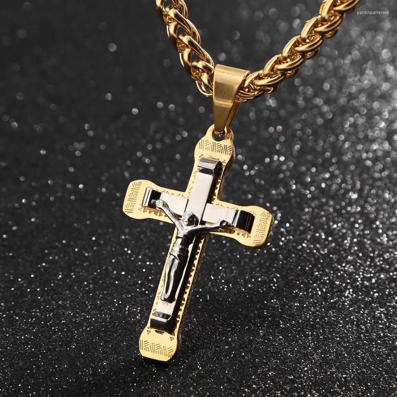 

Pendant Necklaces 1pcs Stainless Steel Exquisite Crucifix Jesus Cross Necklace Christs Gold Byzantine Chain Jewelry Gifts 24''