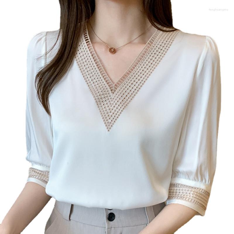 

Women' Blouses Women Shirts Femme White Blouse Tops Blusas Mujer De Moda 2022 Verano V-Neck Chiffon Shirt E608