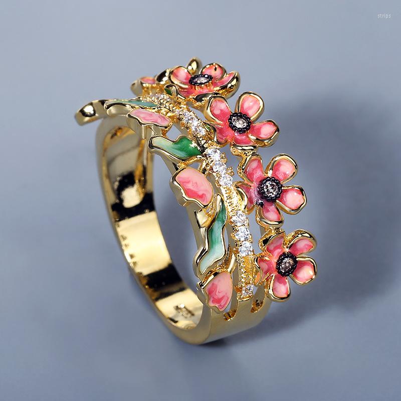 

Cluster Rings Bohemia Style Yellow Gold Color Zircon Enamel For Women Exquisite Silver Flower Floral Crystal Ring Wedding Jewelry