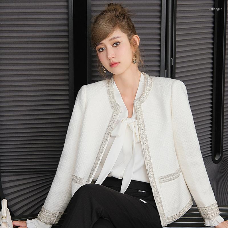 

Women' Jackets 50% Wool Coat Women Luxury Designers Beading White Tweed Jacket Korean Fashion Streetwear Autumn Winter Clothes