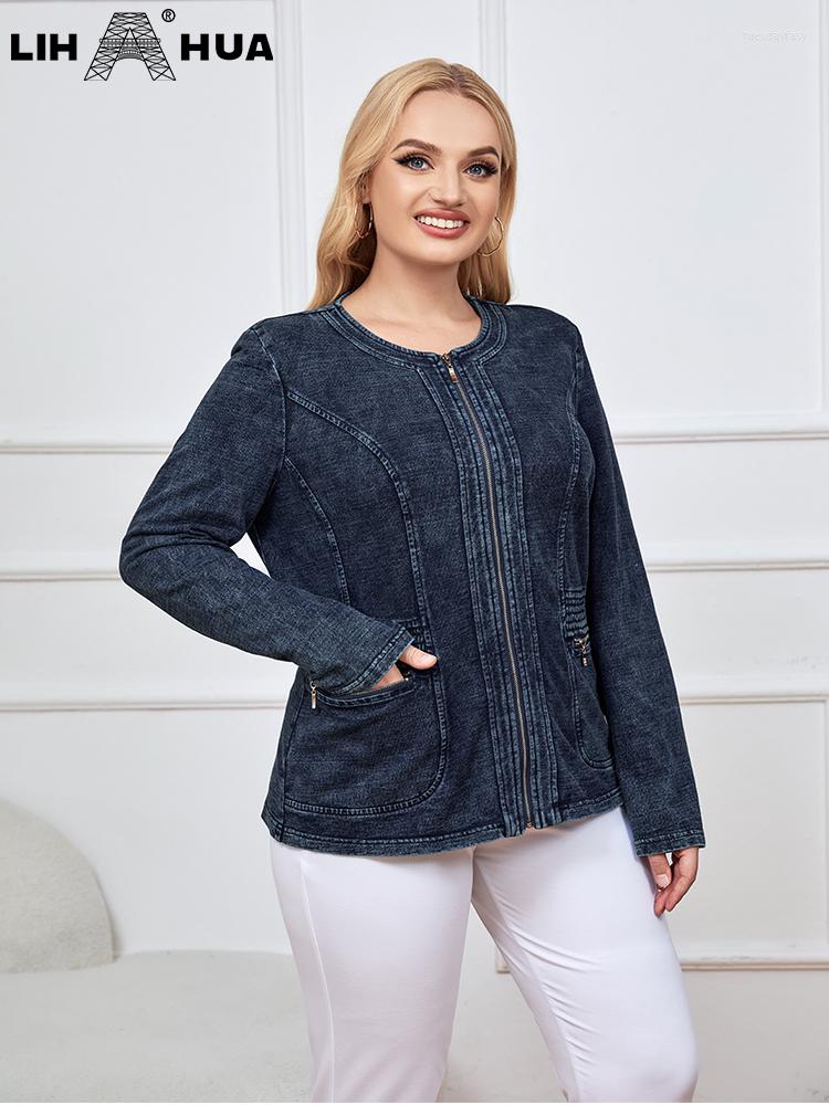 

Outerwear LIH HUA Women's Plus Size Denim Jacket Fall Long Sleeve Cotton Knit Casual Fashion, Blue