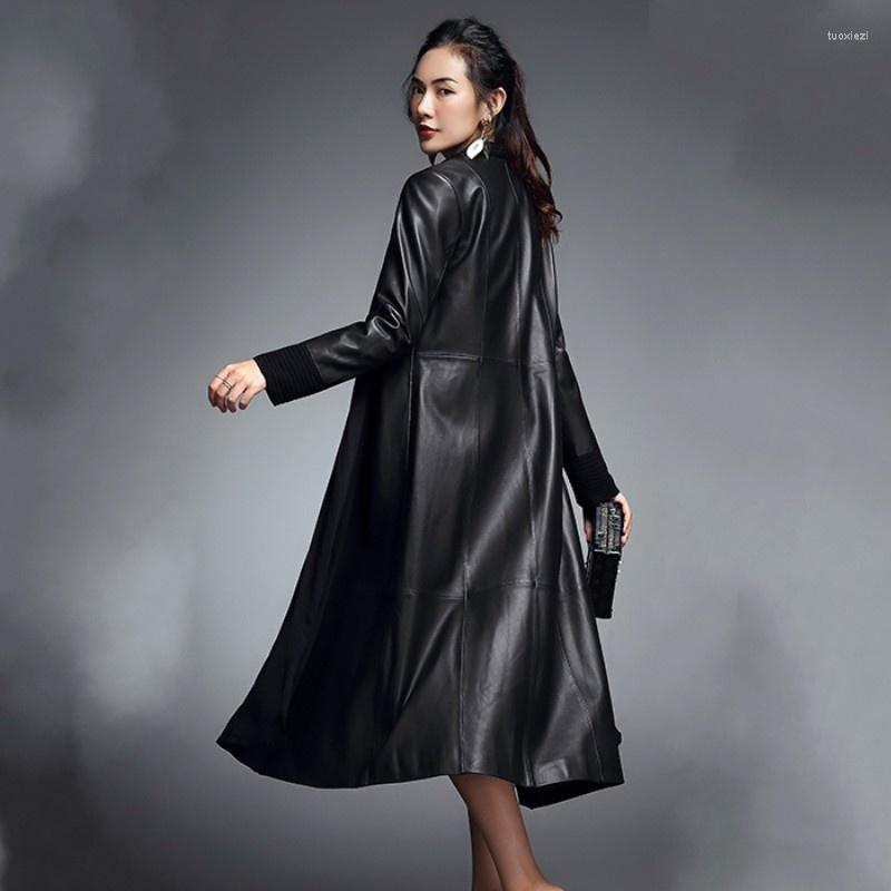 

Women's Leather Sheepskin Fashion Coat Office Lady Elegant Middle Length Genuine Windbreakers Splice Pleated V Neck Slim Fit Long Jacket, Black