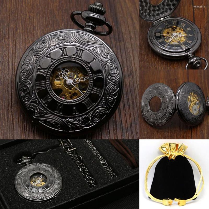 

Pocket Watches Luxury Hollow Caving Watch Set Vintage Black Full Design Mechanical Clock Necklace Pendant Gift Bag Box, Picture shown
