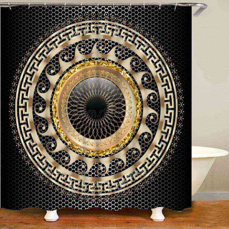 

3D Luxury Black Gold Greek Key Meander Bathroom Curtains Shower Curtain Set for Bathroom Modern Geometric Ornate Bath Rug Decor 211223