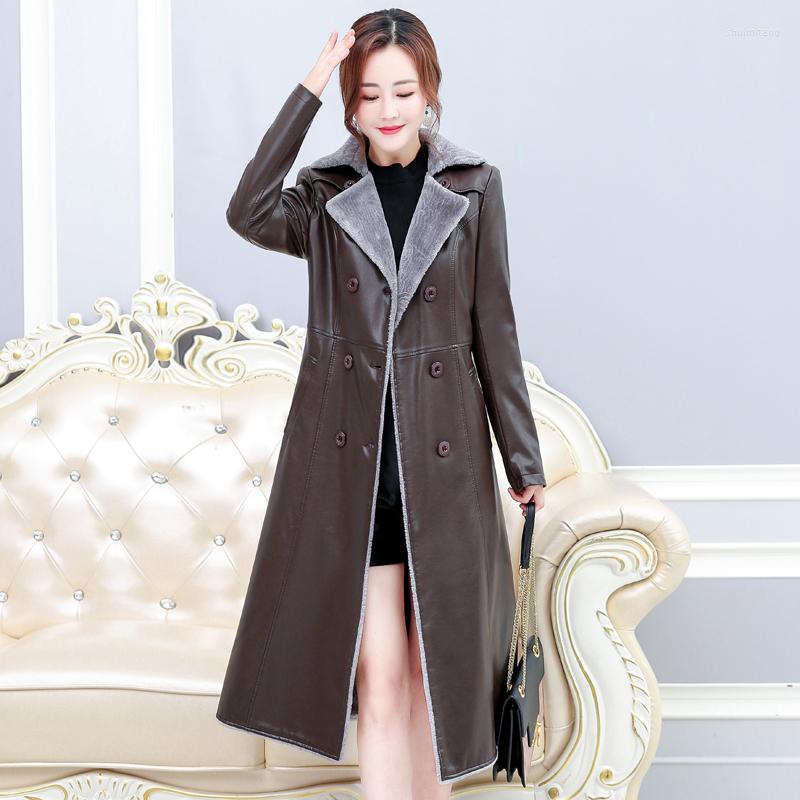 

Women's Leather Women Sheep Coat Autumn Winter 2022 Fashion Thick Warm Double-Faced Lambswool Liner Slim Long Sheepskin Outerwear, Black